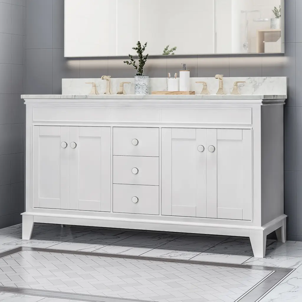61 Inch Bathroom Vanity Marble Top and Double Ceramic Sinks 3 Drawers nh-bo