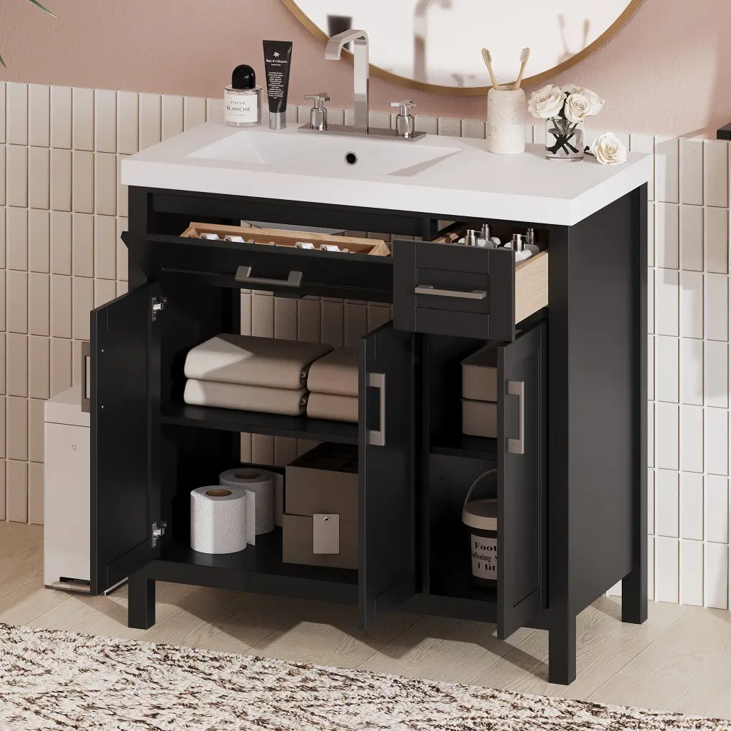 36 Inch Black Bathroom Vanity Cabinet Resin Merged Sink 2 Drawers rnb