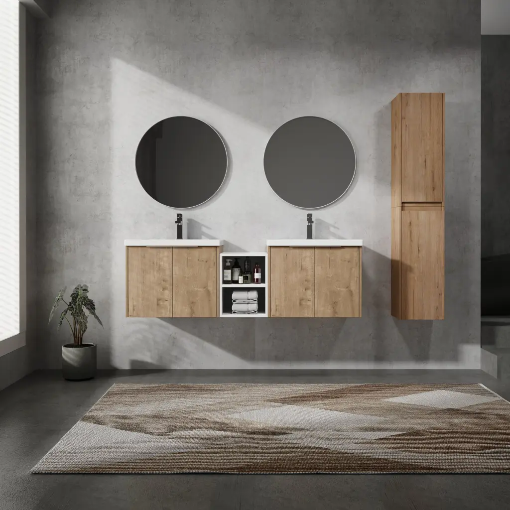 60 Inch Wall Mounted Bathroom Vanity Sink and Side Cabinet Soft Close g-lemon