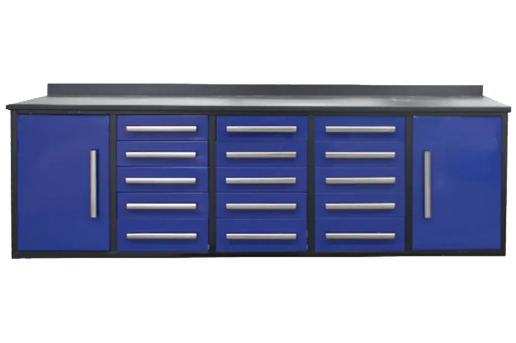 10Ft Storage Cabinet Work Bench 15 Drawers & 2 Cabinets Blue Steel Garage Organizer chery industrial inc